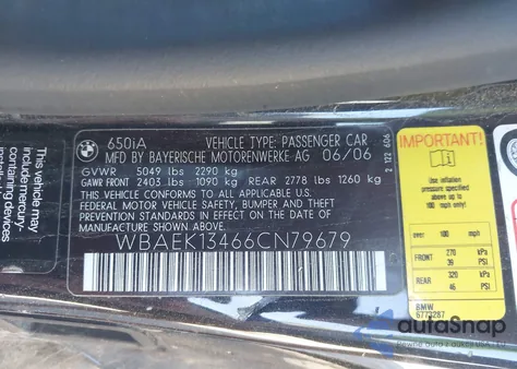 2006 BMW 650 I из США, поврежденный, VIN WBAEK13466CN79679